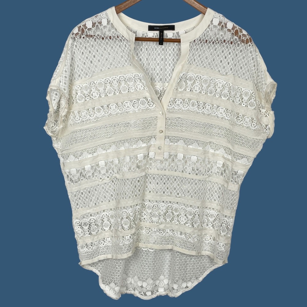 BCBGMAXAZRIA Cream Sheer Lace Asymmetric Top Womens S Oversized Ethereal Cottage